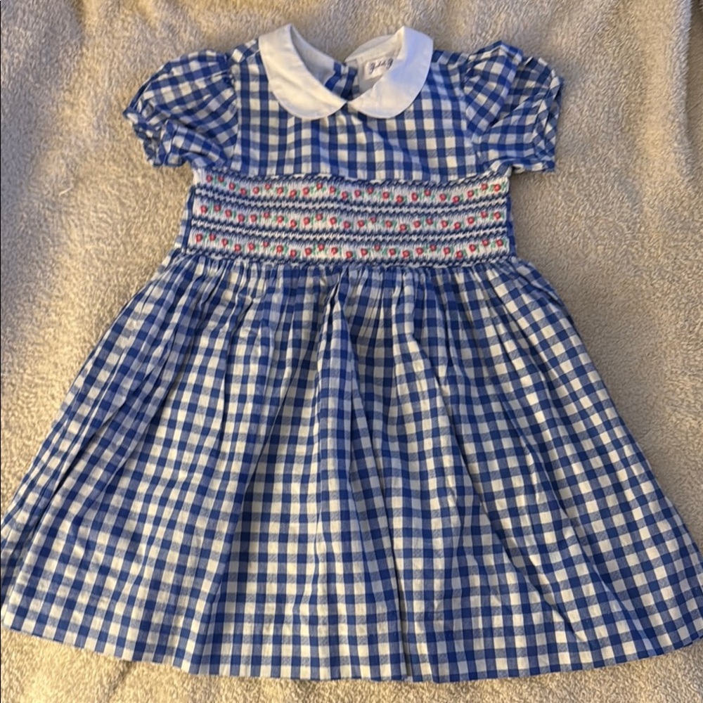 Rachel Riley Blue Gingham Smocked Peter Pan Collar Kids Dress - Picture 1 of 4